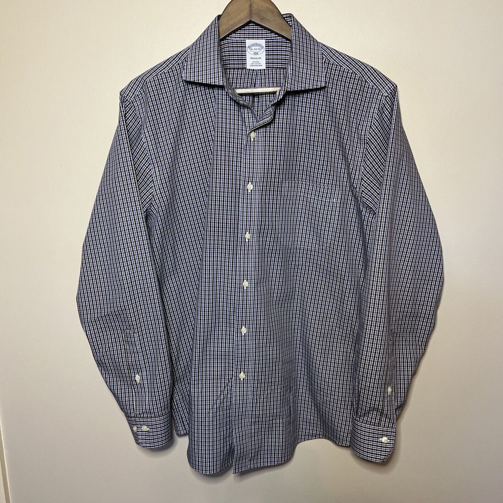 Brooks Brothers Dress Shirt Non Iron Regular 16-34/35 Blue Brown Check Office